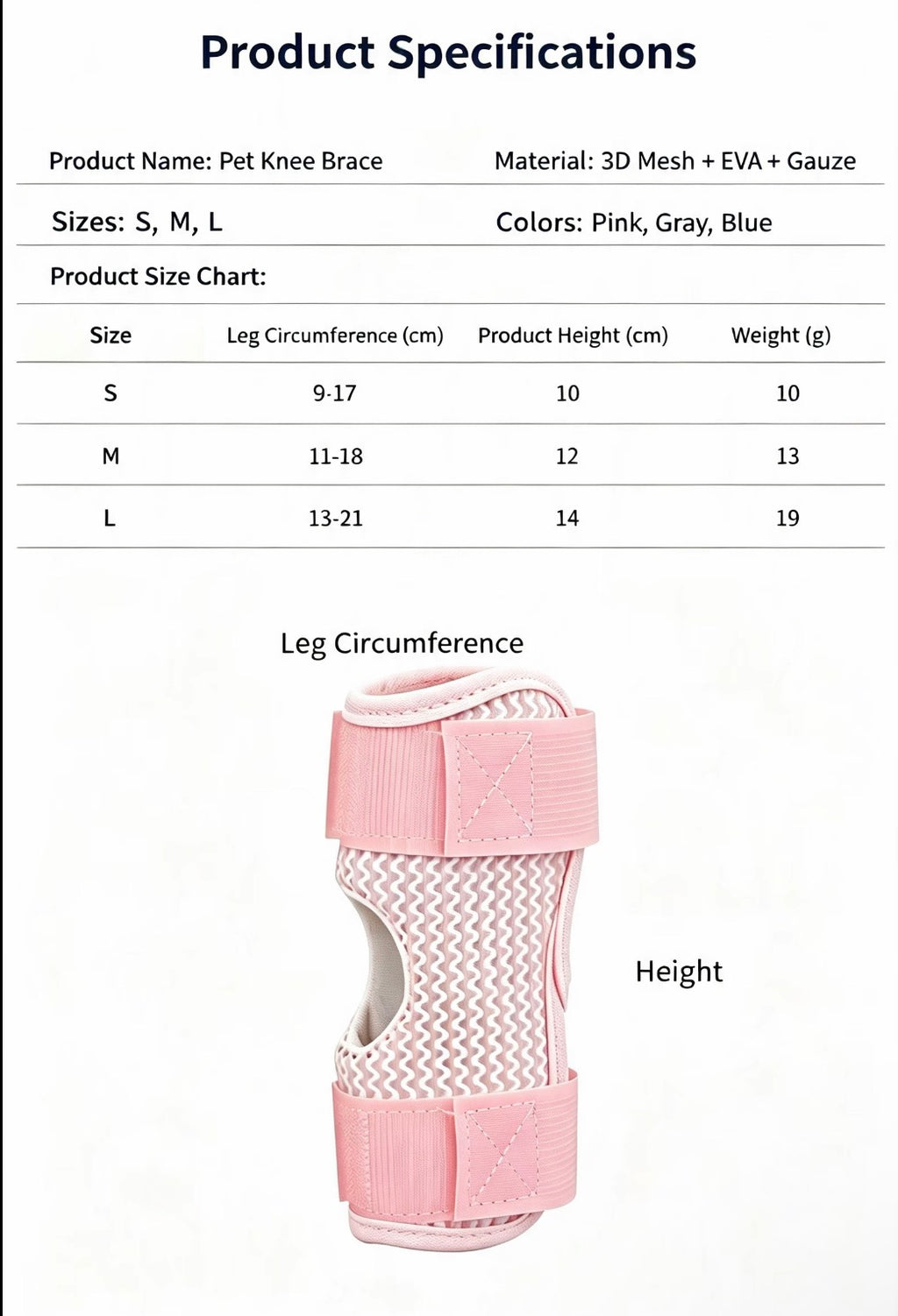 Pet Joint Protector measurement chart for leg circumference, height, and available sizes