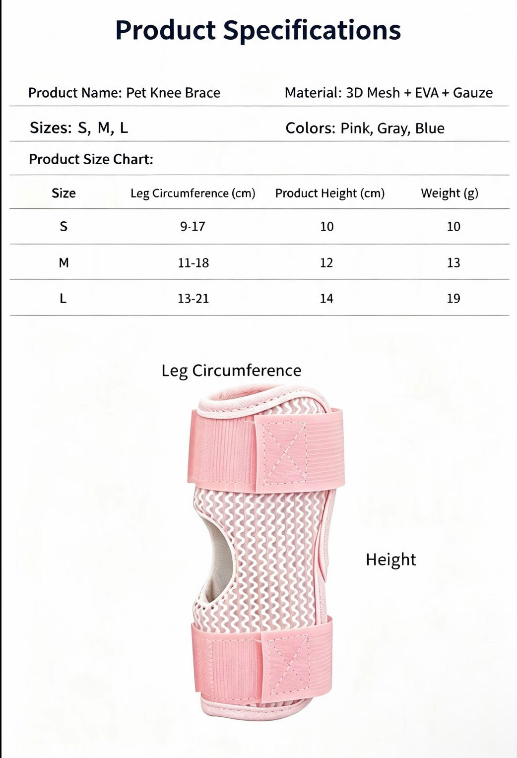 Pet Joint Protector measurement chart for leg circumference, height, and available sizes