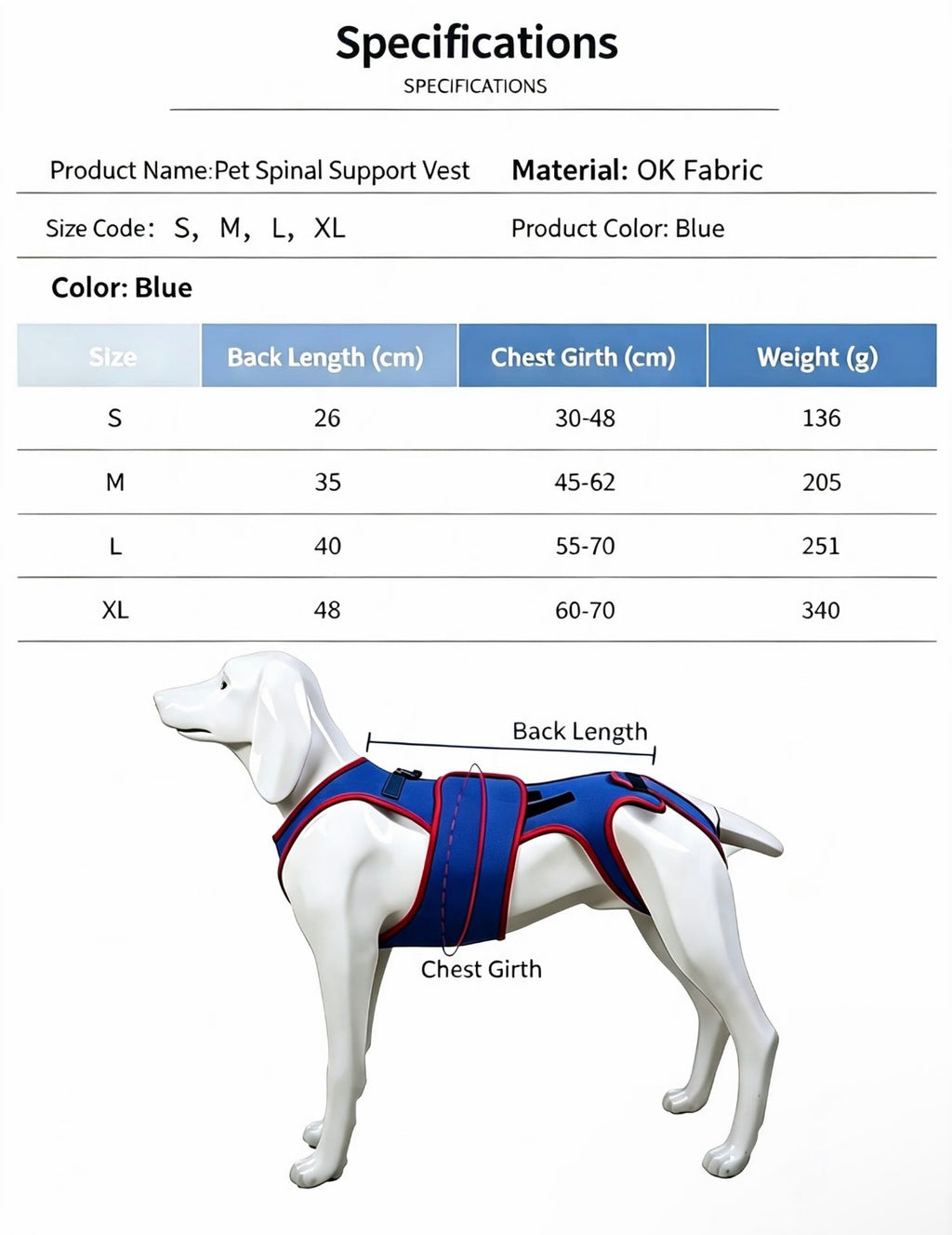 Pet Spine Support Vest size and measurement guide for back length and chest girth