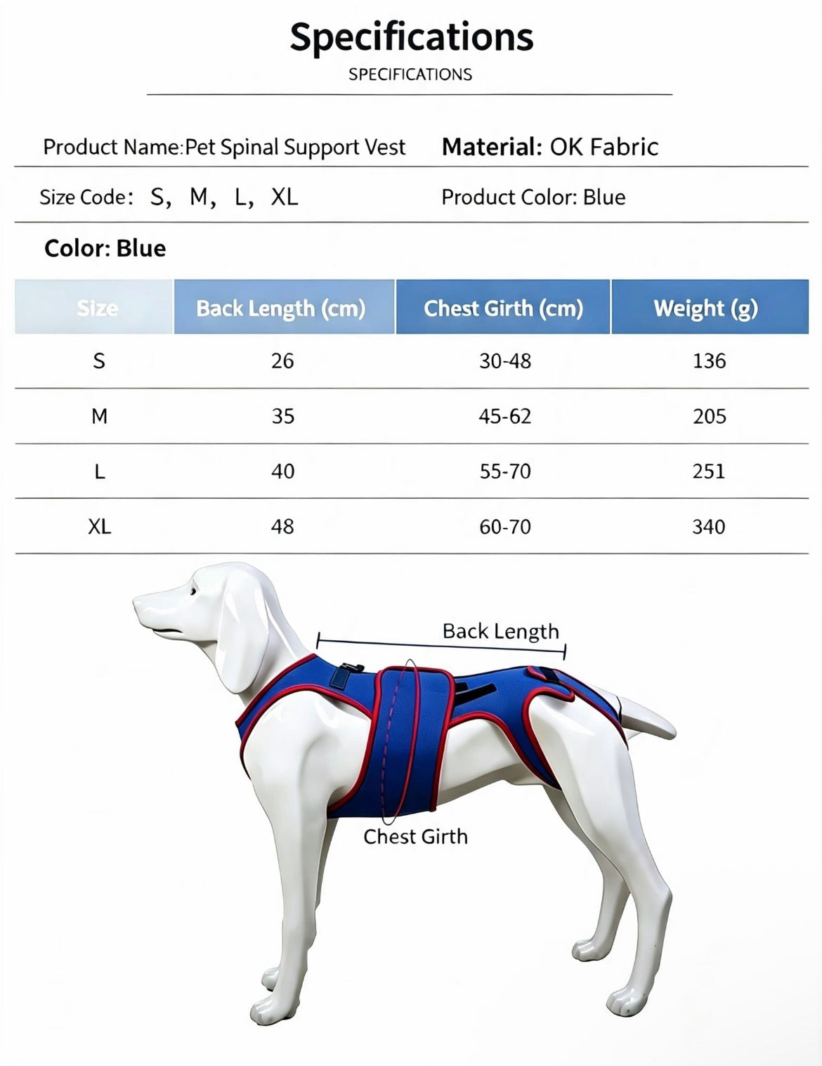 Pet Spine Support Vest size and measurement guide for back length and chest girth