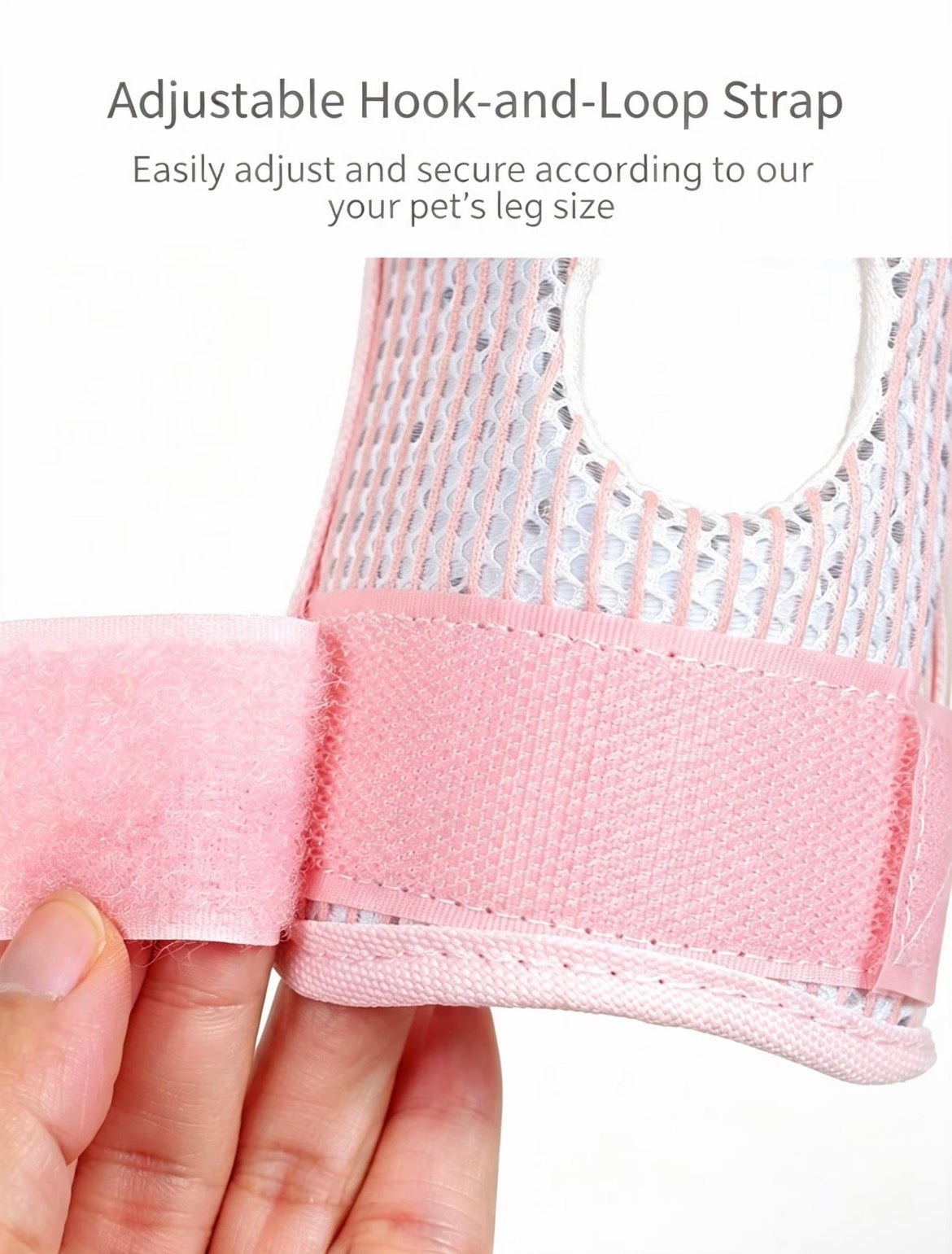 Close-up of the adjustable hook-and-loop strap on a pink Pet Joint Protector