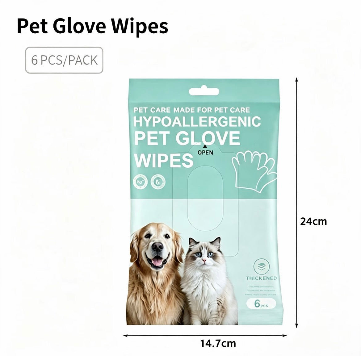 Pet Glove Wipes six-count package with width and height measurements