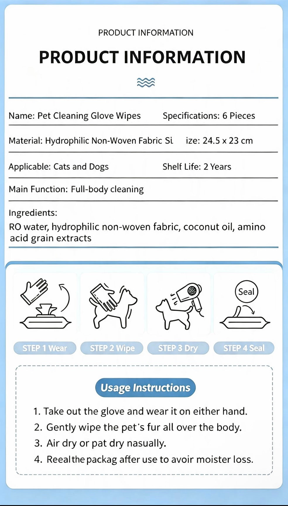 Pet Glove Wipes product information panel with ingredients and four-step directions