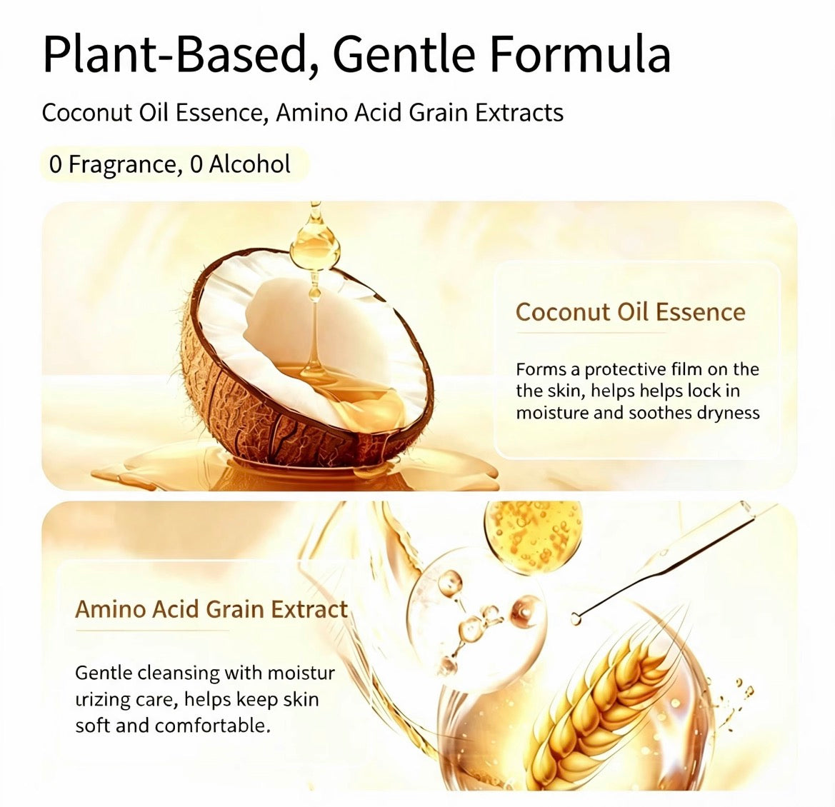 Pet Glove Wipes formula guide featuring coconut oil essence and amino acid grain extract