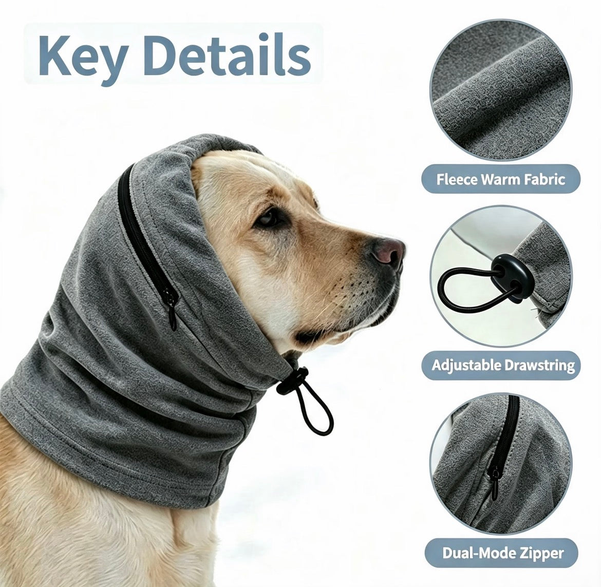 Dog Calming Hood Snood detail guide for fleece fabric, drawstring, and dual-mode zipper
