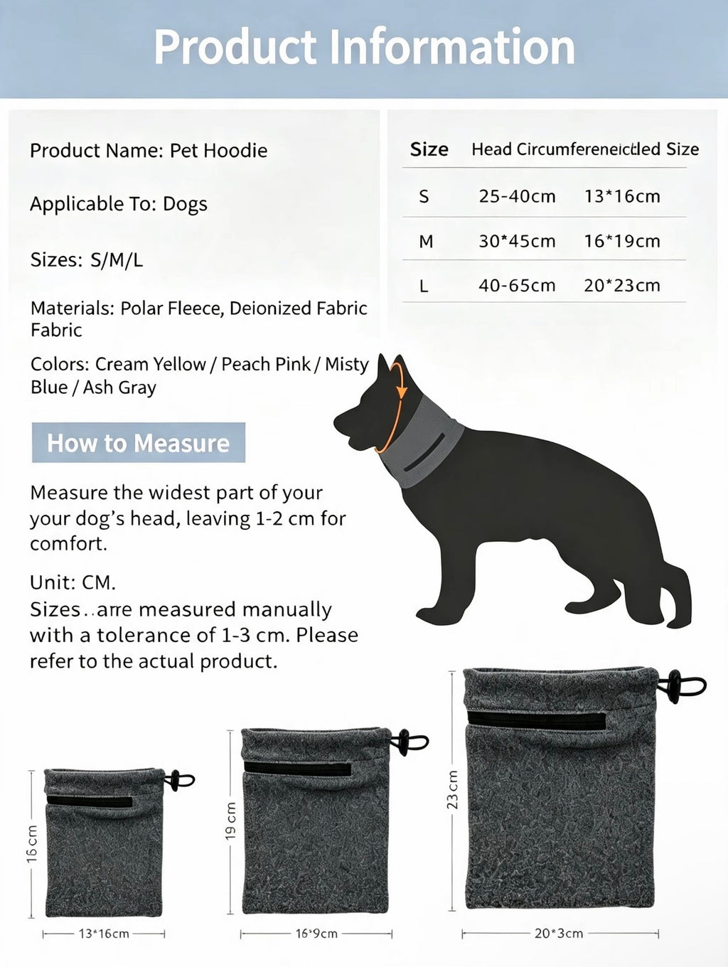 Dog Calming Hood Snood size chart and measuring guide for head and neck fit