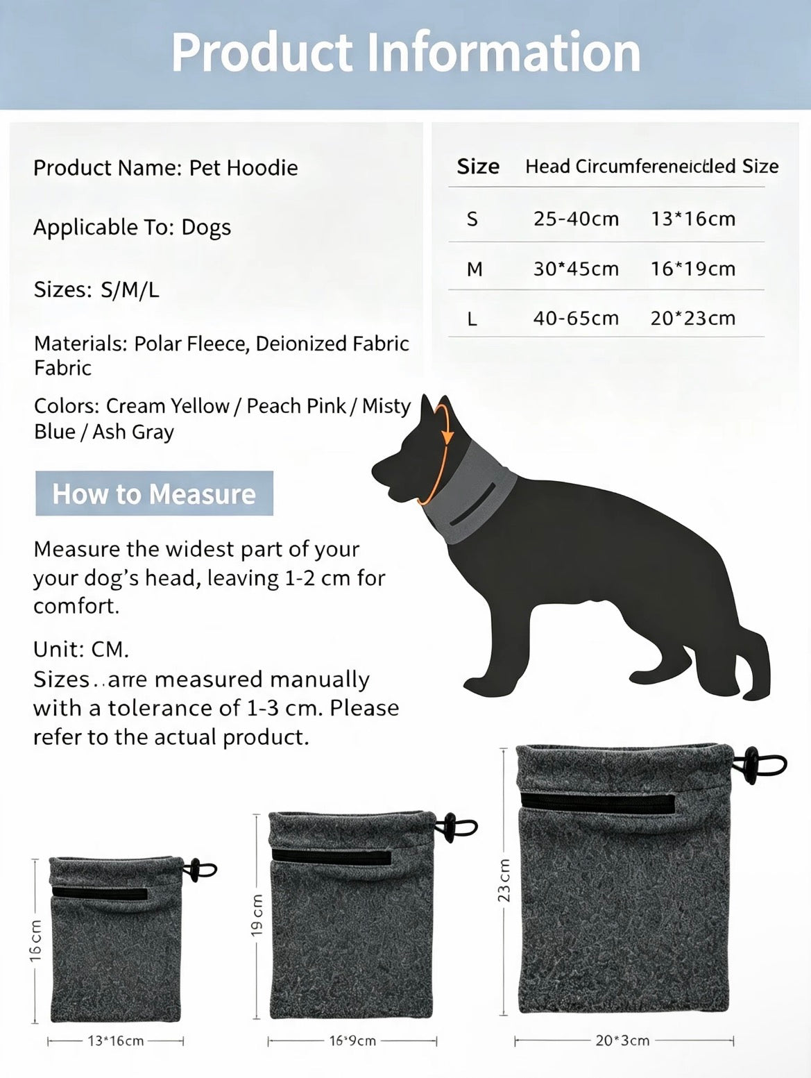 Dog Calming Hood Snood size chart and measuring guide for head and neck fit