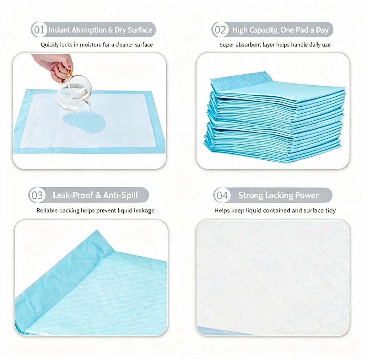 Deodorizing Pet Pee Pads feature guide for absorption, capacity, leak protection, and grip