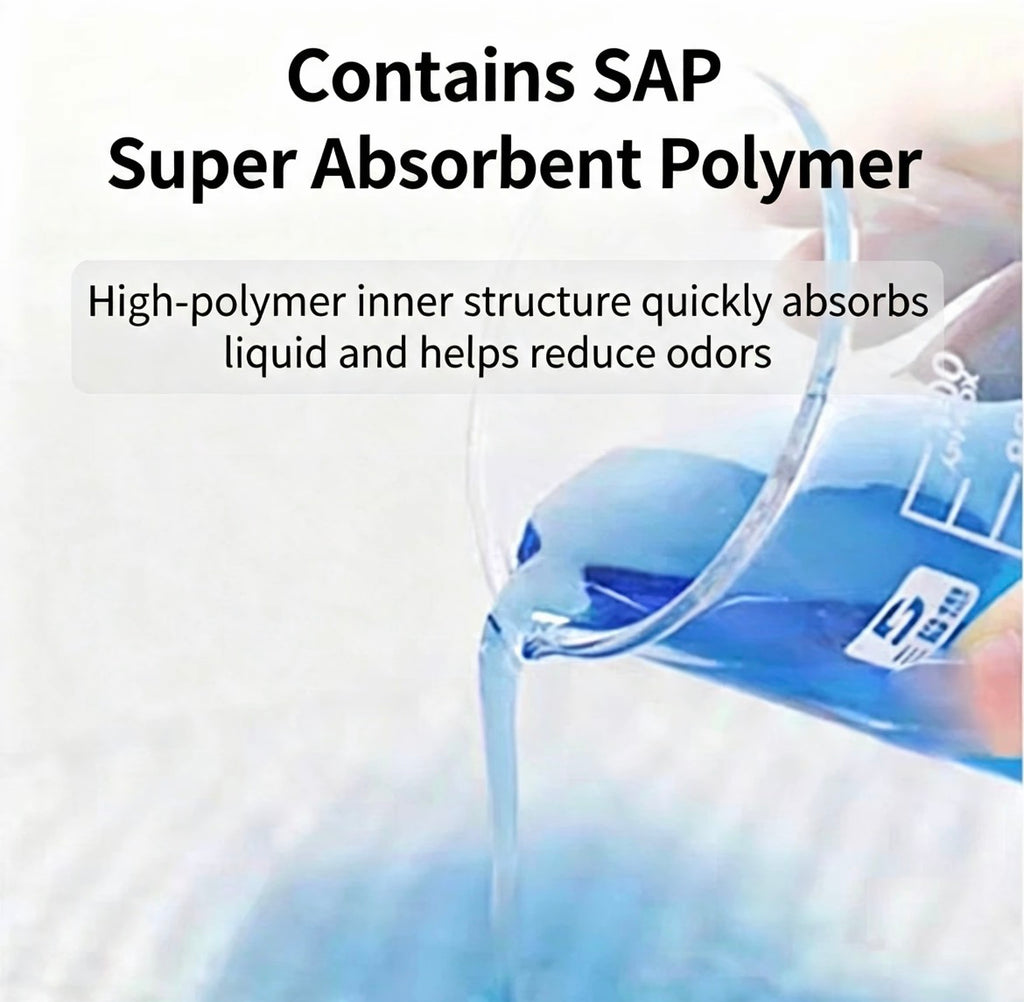 Super absorbent polymer demonstration pouring blue liquid onto a deodorizing pee pad