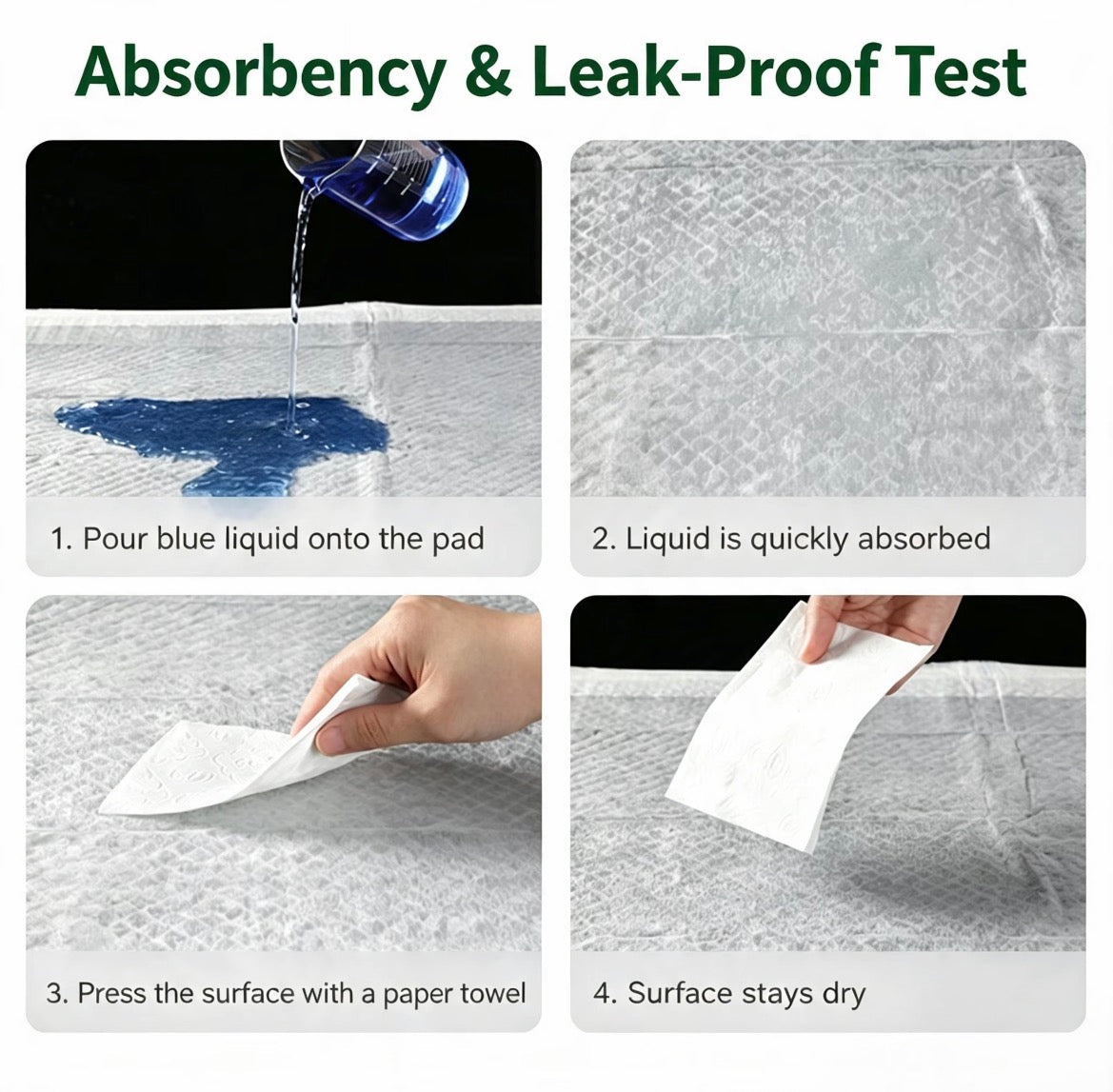 Four-step absorbency and leak-proof test for Charcoal Pet Training Pads