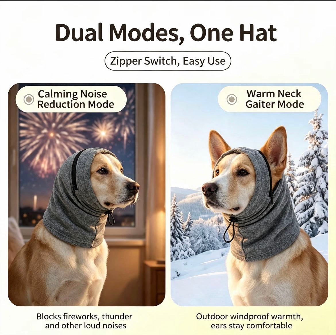 Dog Calming Hood Snood shown in covered-ear and neck-gaiter wearing modes