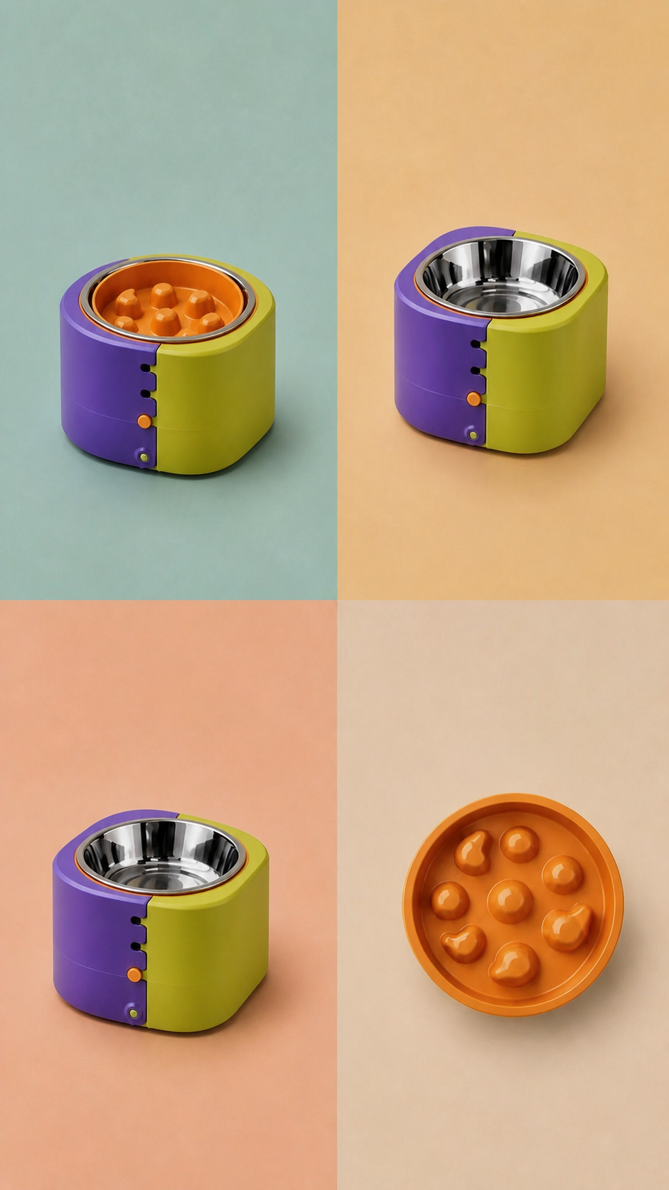 Adjustable Slow Feeder Bowl shown in four color and feeding configurations