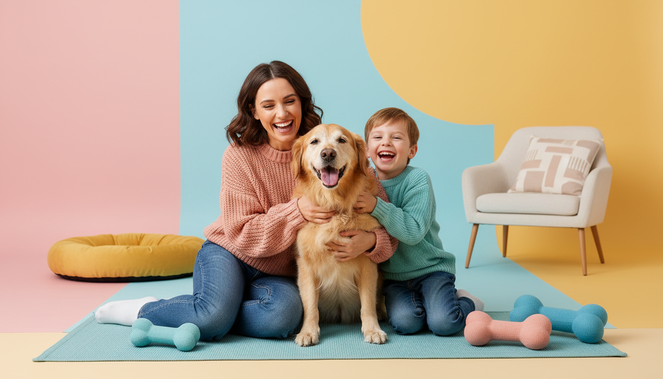 Family caring for a senior golden retriever at home