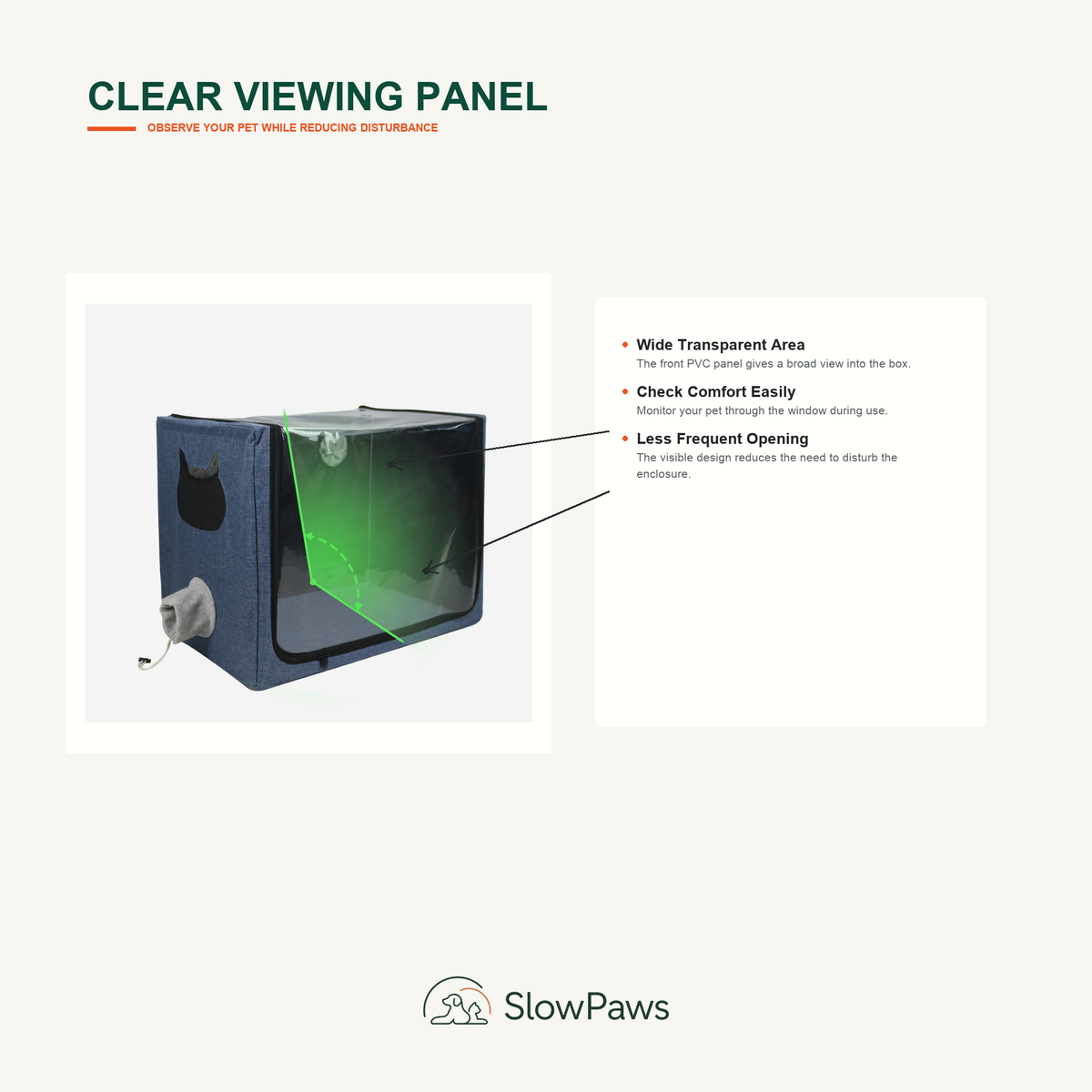 Foldable Pet Care Box guide highlighting the clear viewing panel and ventilation