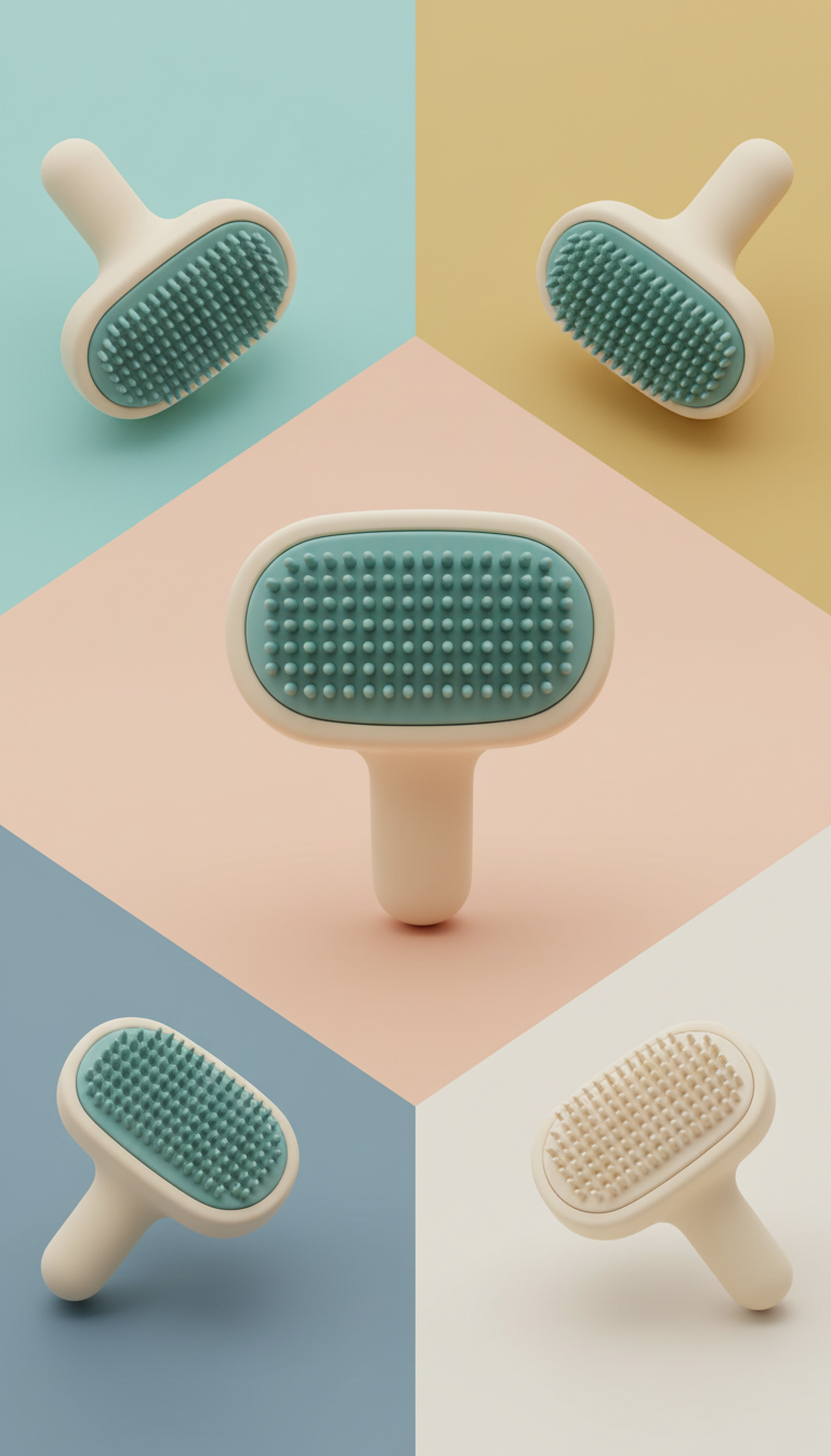 Soft-Touch Grooming Brush shown in teal and cream from front, side, and angled views