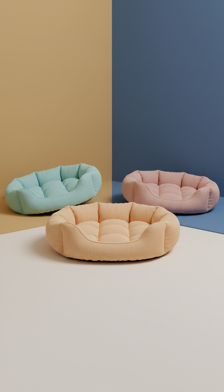 Plush Pastel Pet Beds in mint, pink, and peach with soft raised bolsters