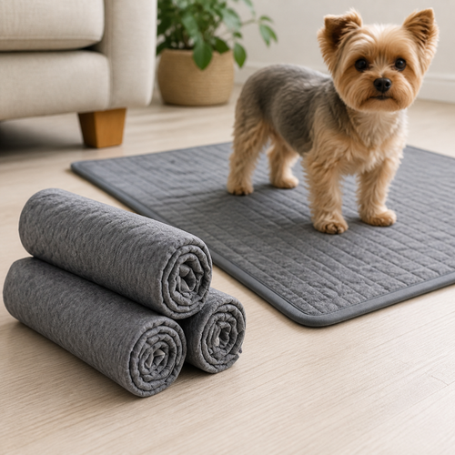 Small Yorkshire terrier beside stacked charcoal training pads and one unfolded pad