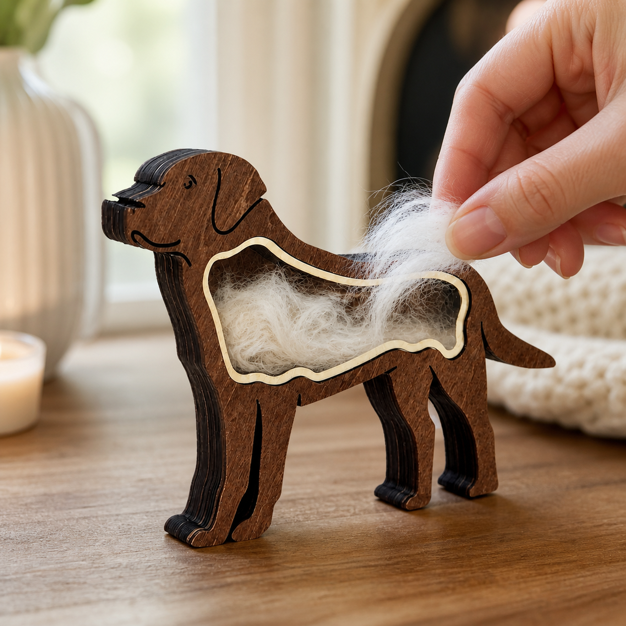 Hand placing a lock of pet fur into a dog-shaped keepsake box