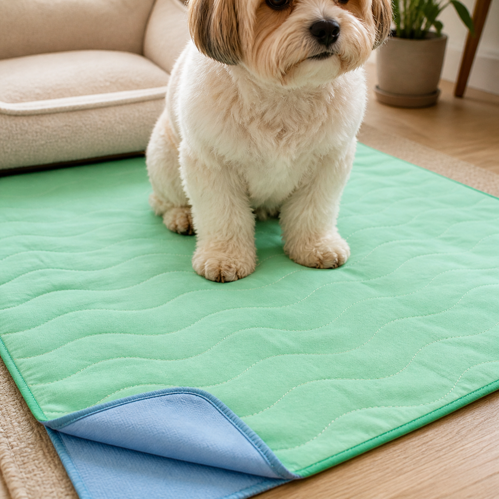 Small dog sitting on a green Washable Pet Pee Pad with blue waterproof edge
