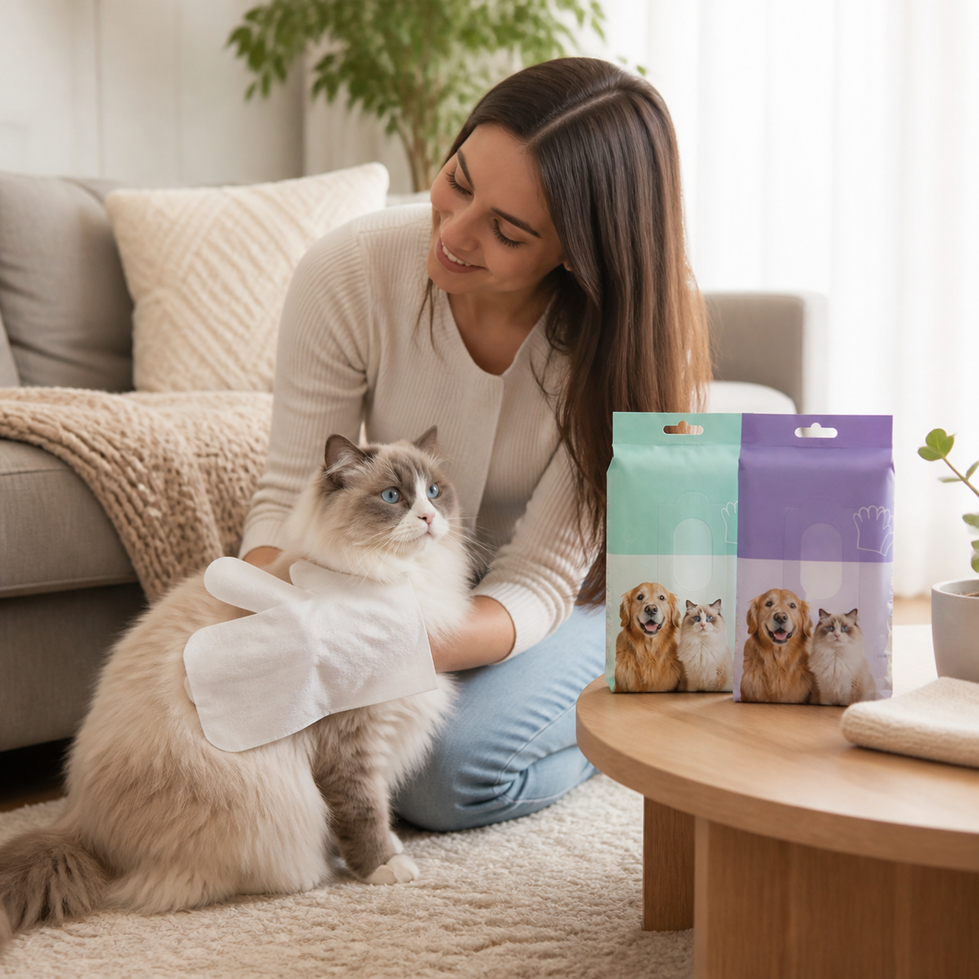 Pet owner cleaning a cat with a grooming glove beside Pet Glove Wipes packages