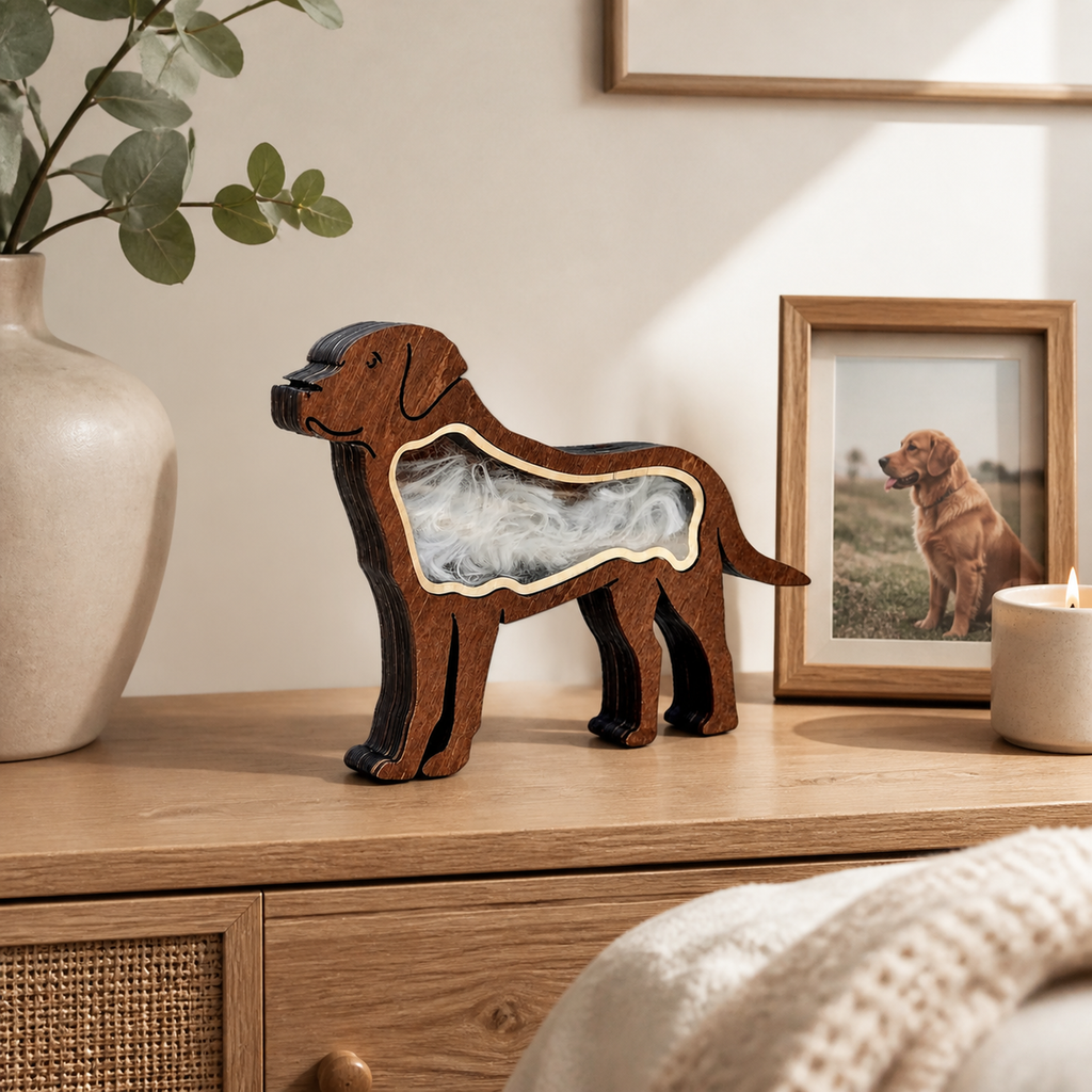 Pet Hair Keepsake Box displayed on a shelf beside a framed pet photo