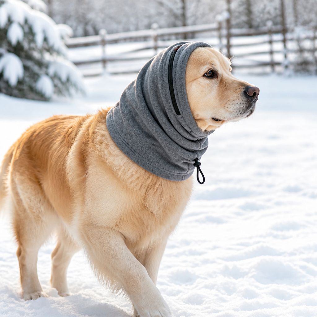 Golden retriever wearing a gray Dog Calming Hood Snood outdoors in snow