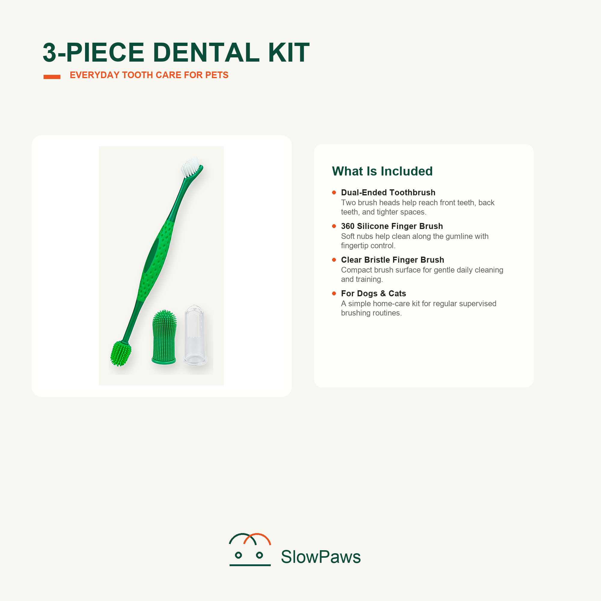 Pet Toothbrush Kit contents guide for dual-ended brush, finger brush, and storage case
