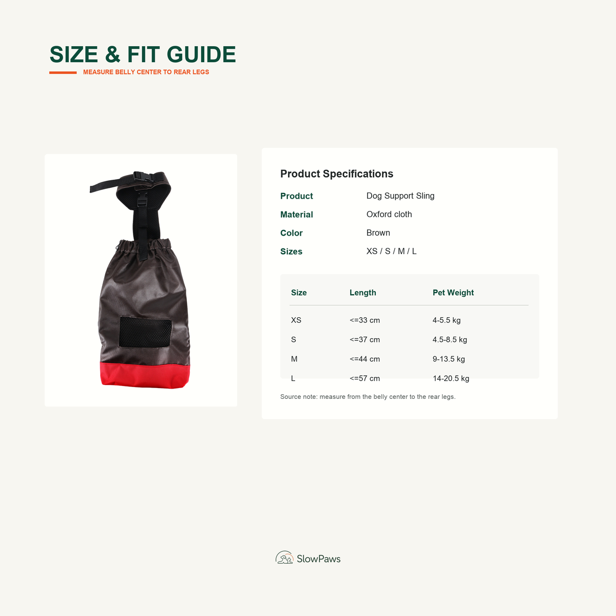 Dog Support Sling size and fit guide with length and pet weight ranges
