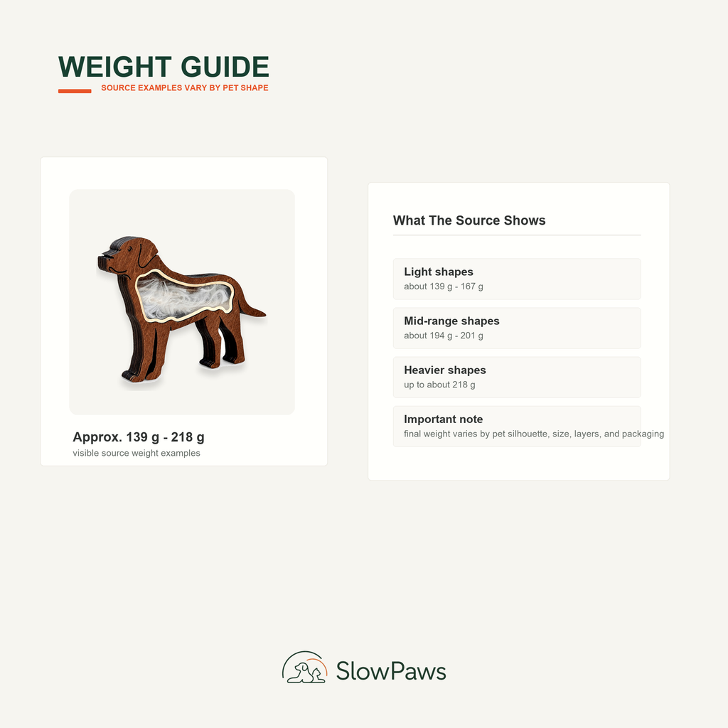 Pet Hair Keepsake Box weight guide showing light, mid-range, and heavier designs