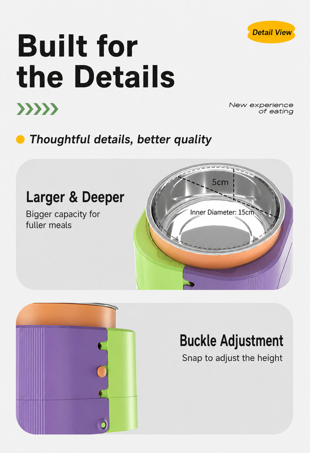 Adjustable Slow Feeder Bowl detail guide for deeper bowl and buckle height settings