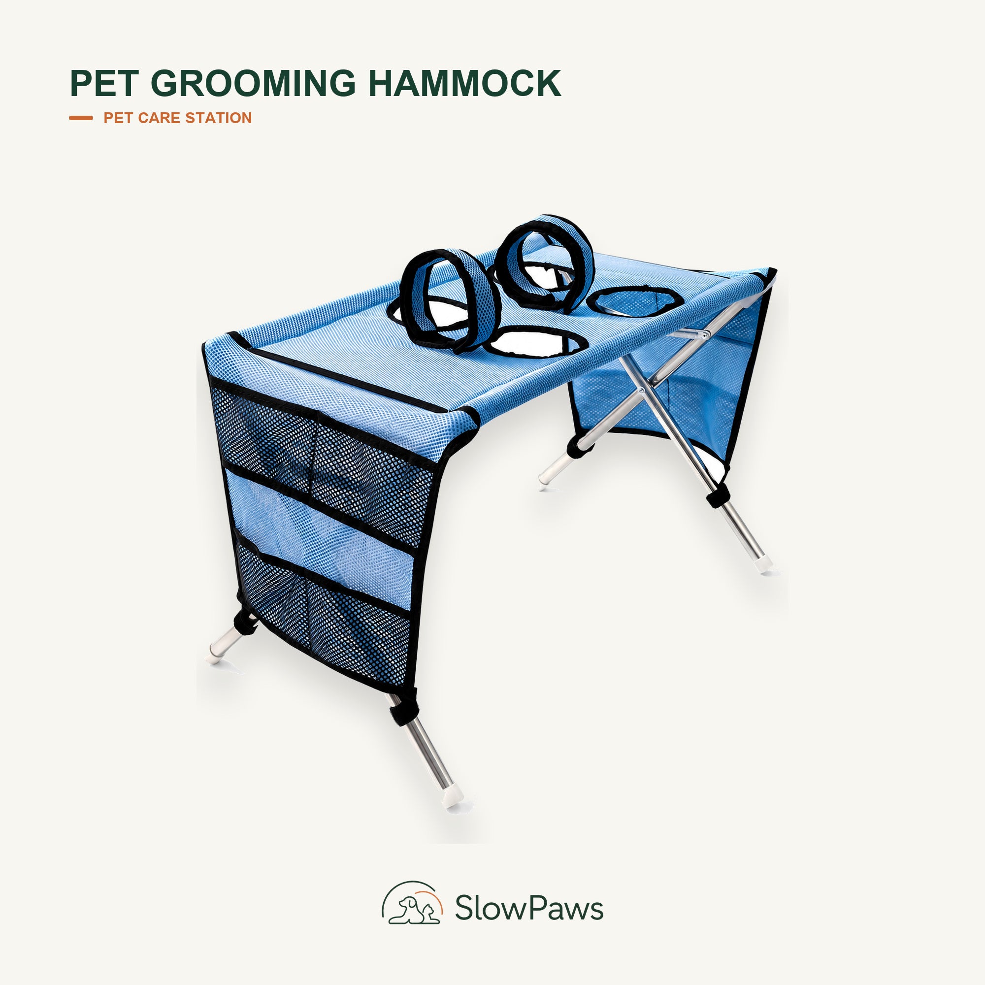 Blue Pet Grooming Hammock table with mesh side storage and grooming loops