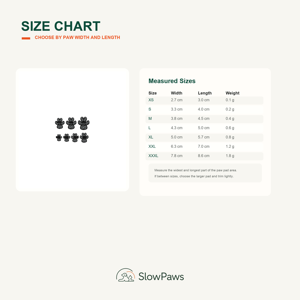 Dog Paw Traction Pads size chart with measured width, length, and pet weight