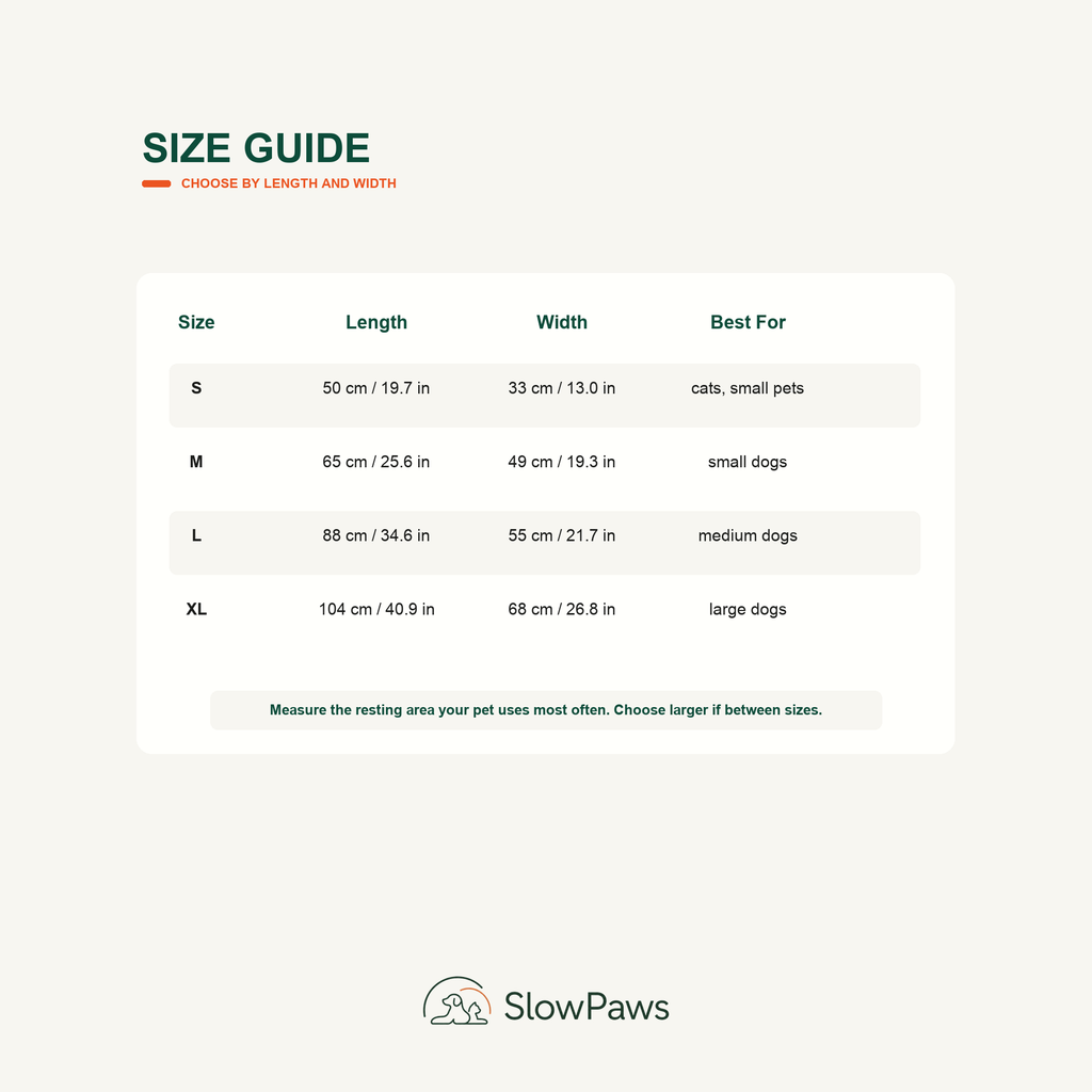 Cooling Pet Mat size guide with dimensions and recommended pet sizes