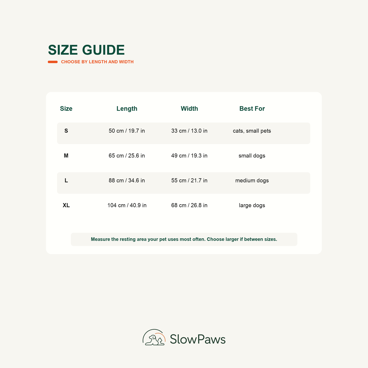 Cooling Pet Mat size guide with dimensions and recommended pet sizes