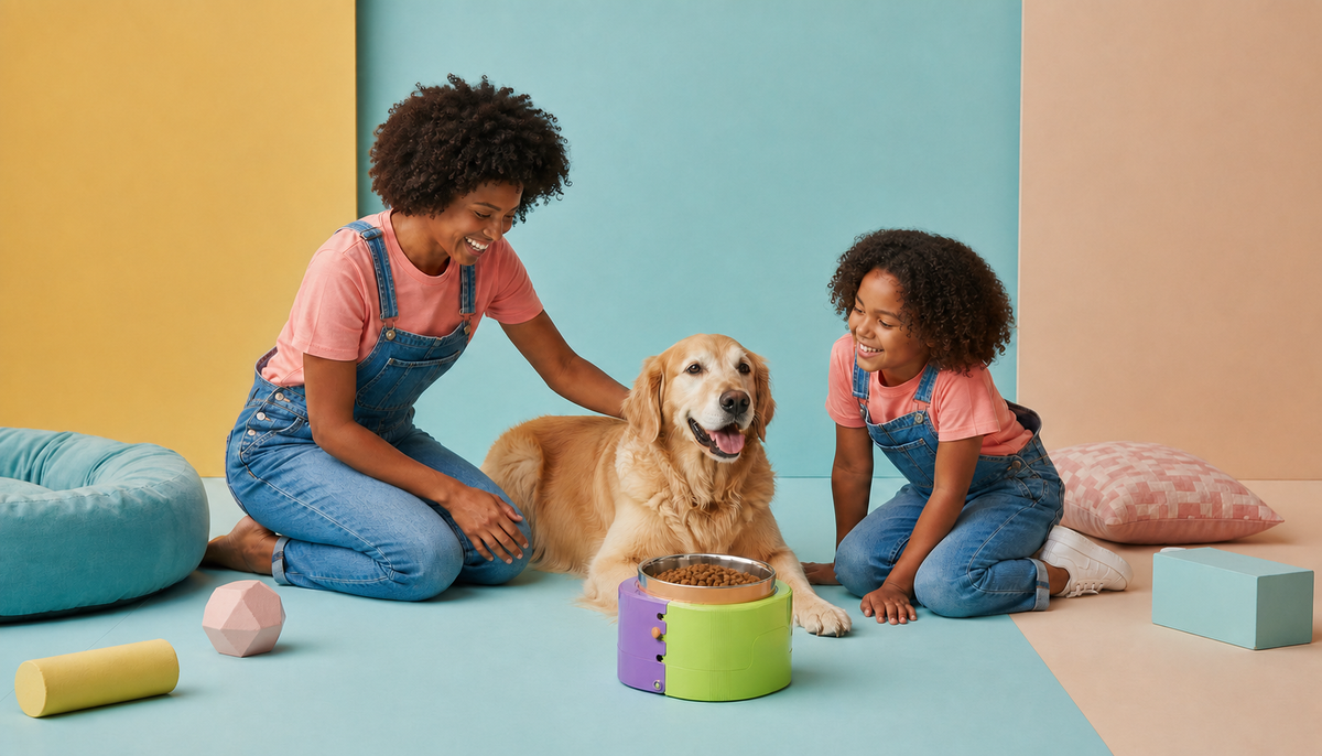 Pet owner gently caring for a senior dog at home