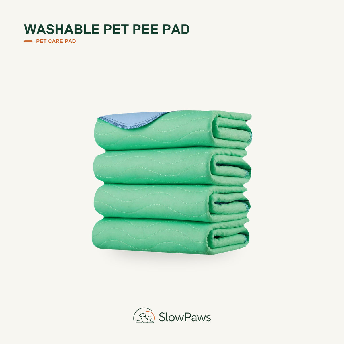 Stack of folded green Washable Pet Pee Pads with blue reversible backing